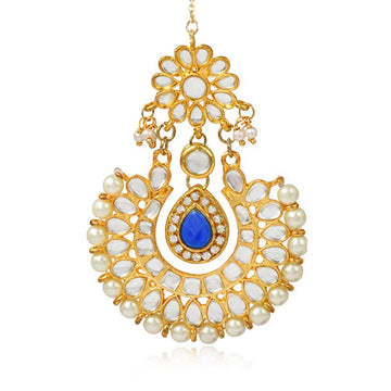 Traditional Gold Plated Pearl Beads Studded Kundan Maangtikka with Blue Stone for Women