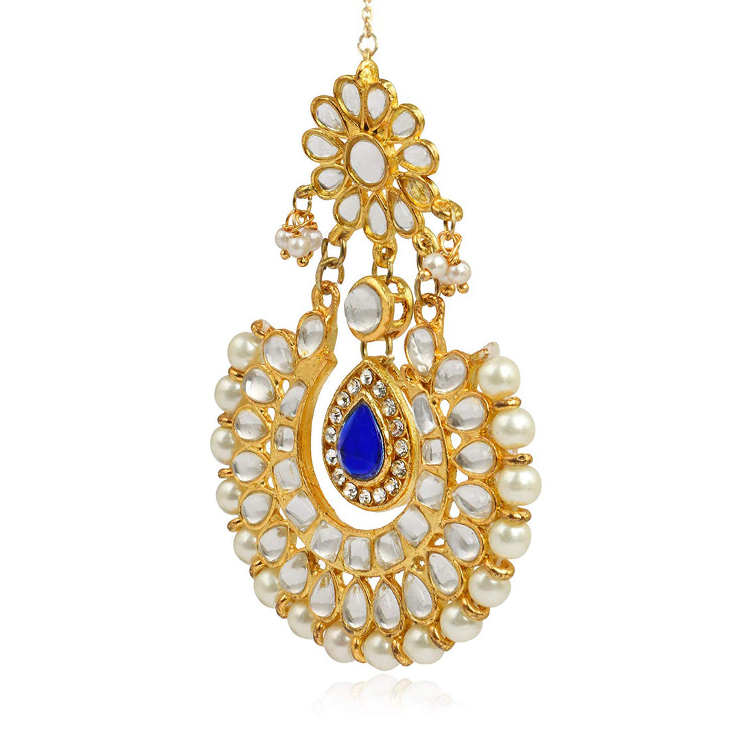 Traditional Gold Plated Pearl Beads Studded Kundan Maangtikka with Blue Stone for Women