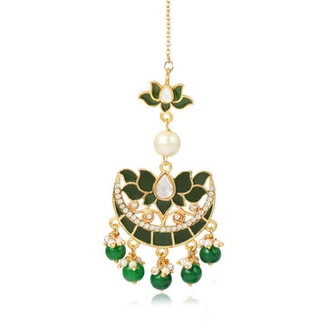 Traditional Gold Plated Lotus Design Green Beads Kundan Maangtikka for Women