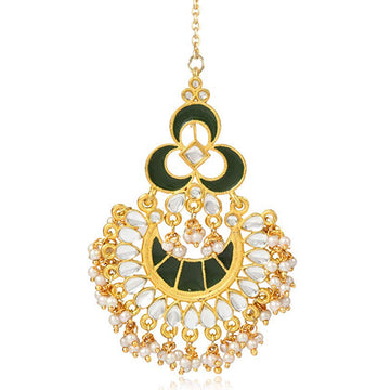 Traditional Gold Plated Green Tassel Beads Kundan Maangtikka for Women