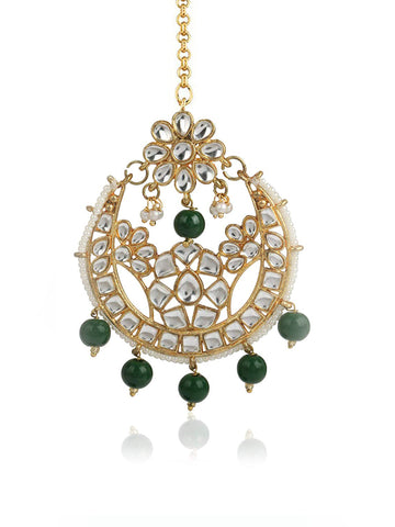 Traditional Gold Plated Green Beads Kundan Maangtikka for Women