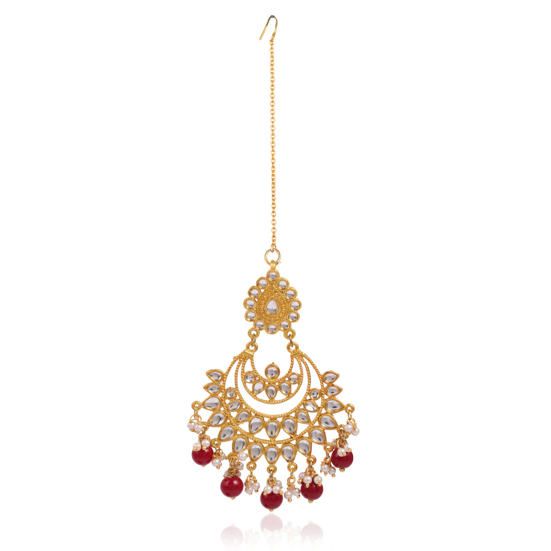 Traditional Gold Plated Red Beads Kundan Maangtikka for Women