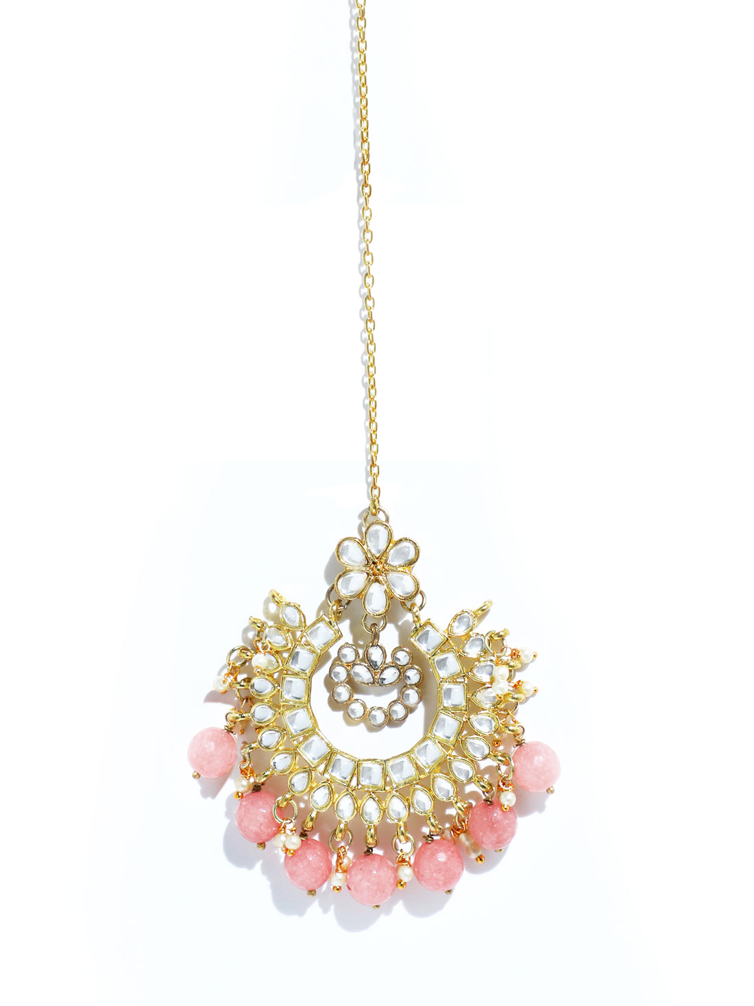 Traditional Gold Plated Peach Beads Kundan Maangtikka for Women