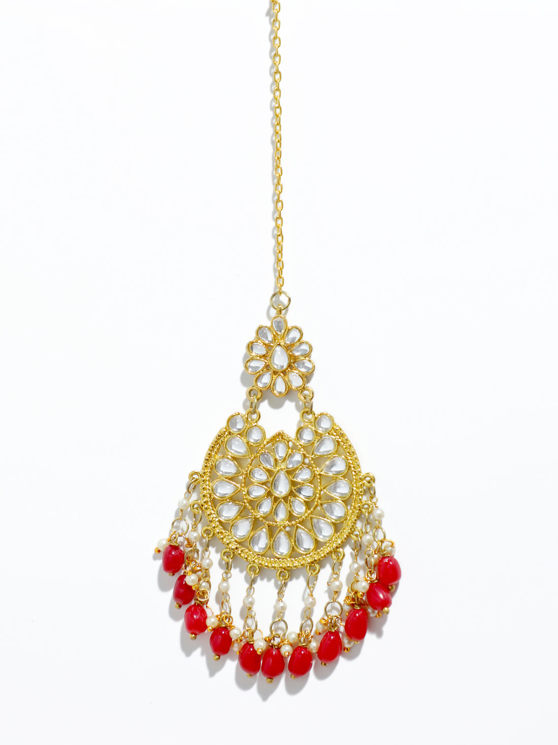 Traditional Gold Plated Red Beads and Tassel Kundan Maangtikka for Women