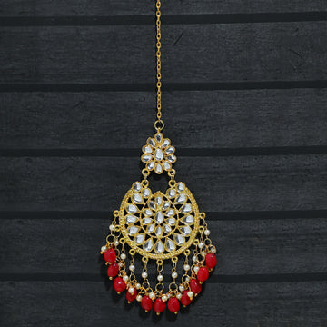 Traditional Gold Plated Red Beads and Tassel Kundan Maangtikka for Women