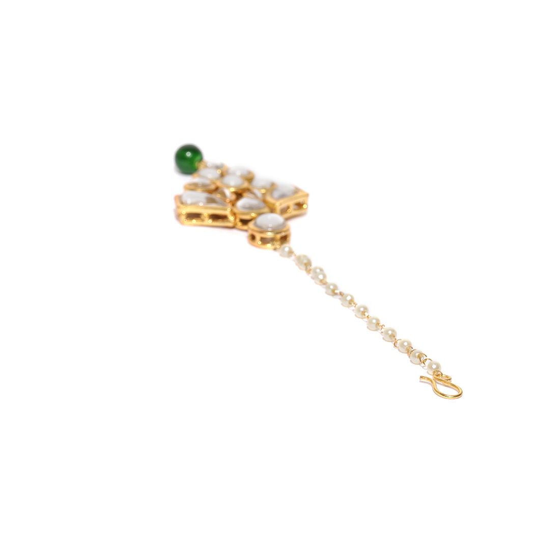 Traditional Gold Plated Green Beads Kundan Maangtikka for Women