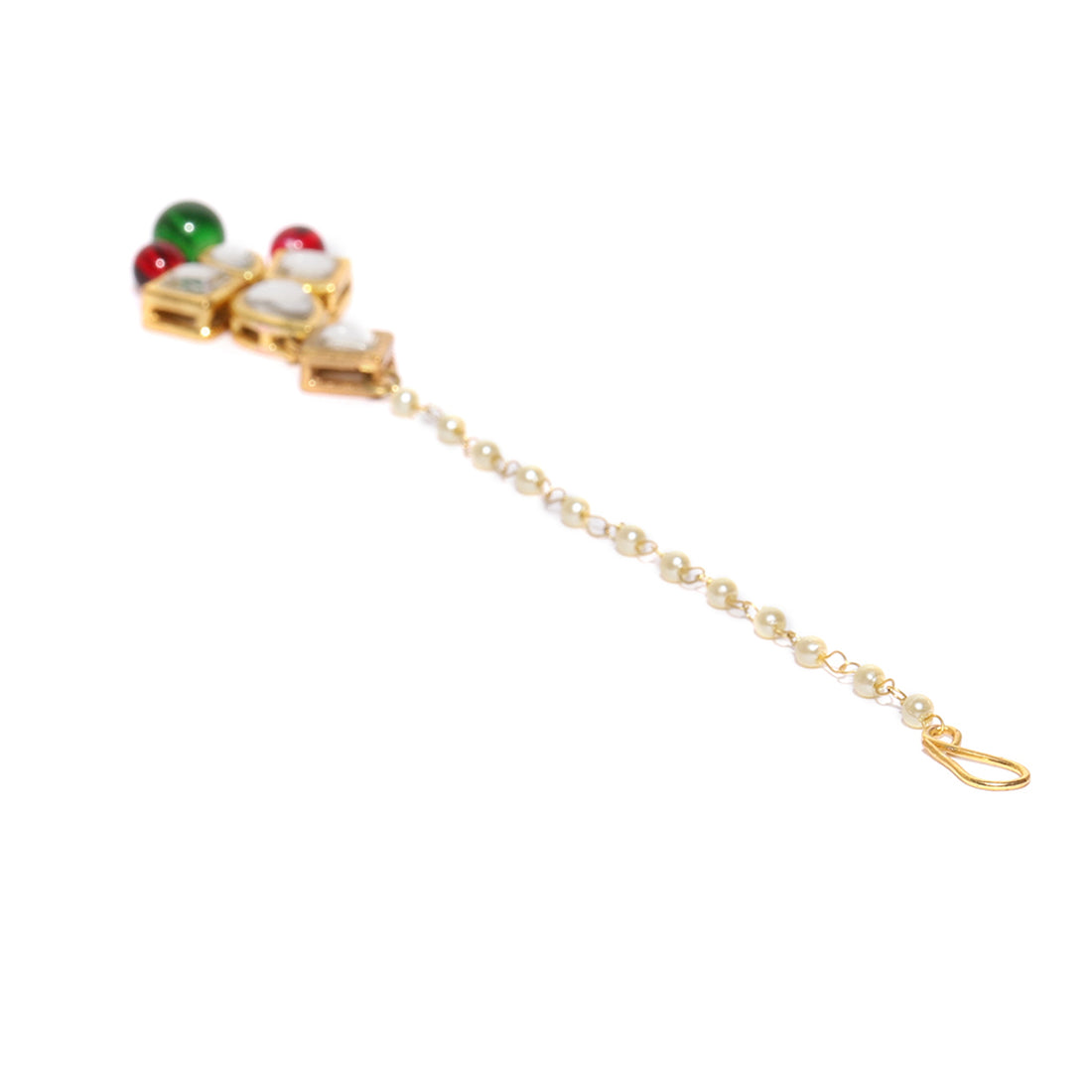 Traditional Gold Plated Red and Green Beads Kundan Maangtikka for Women