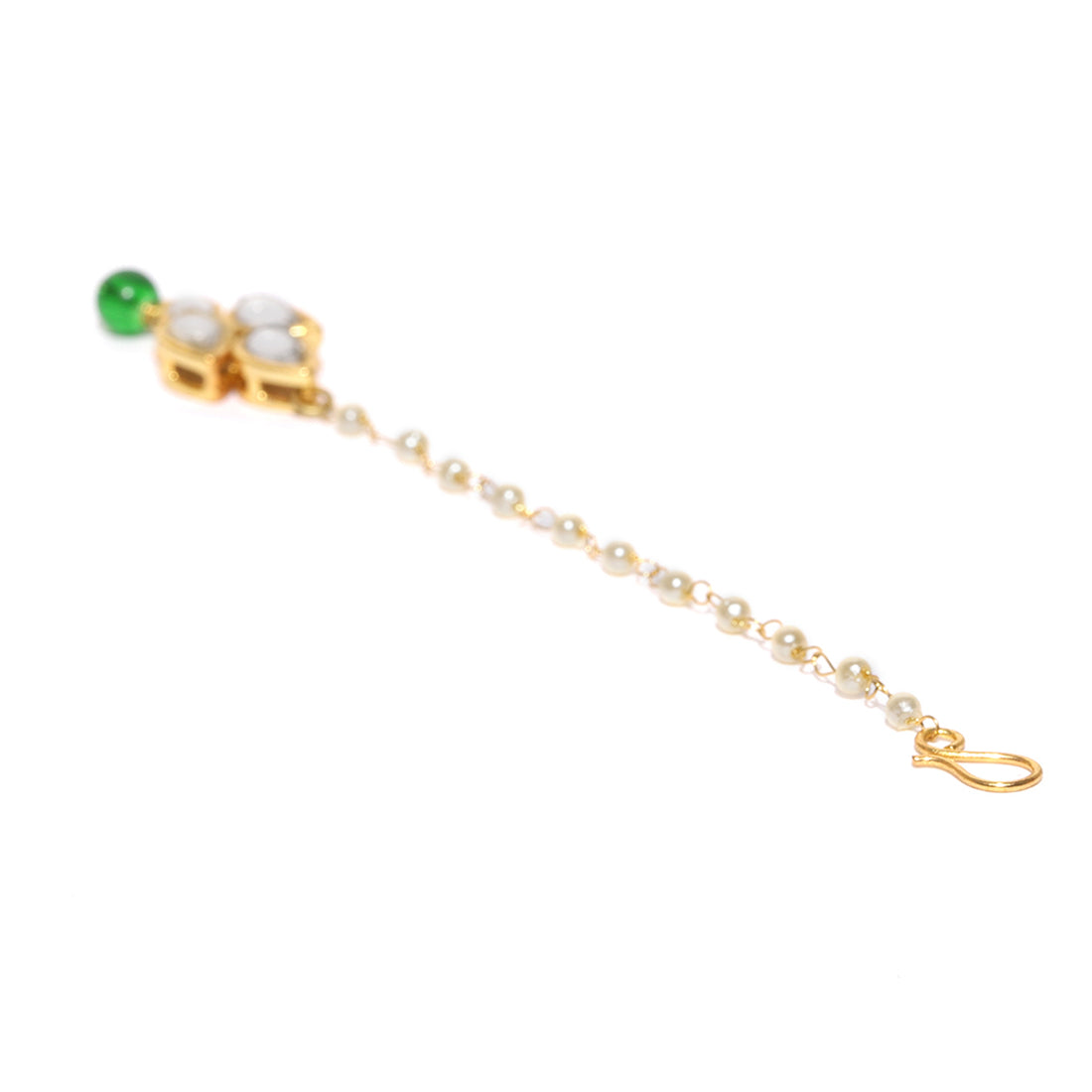 Traditional Gold Plated Green Beads Kundan Maangtikka for Women