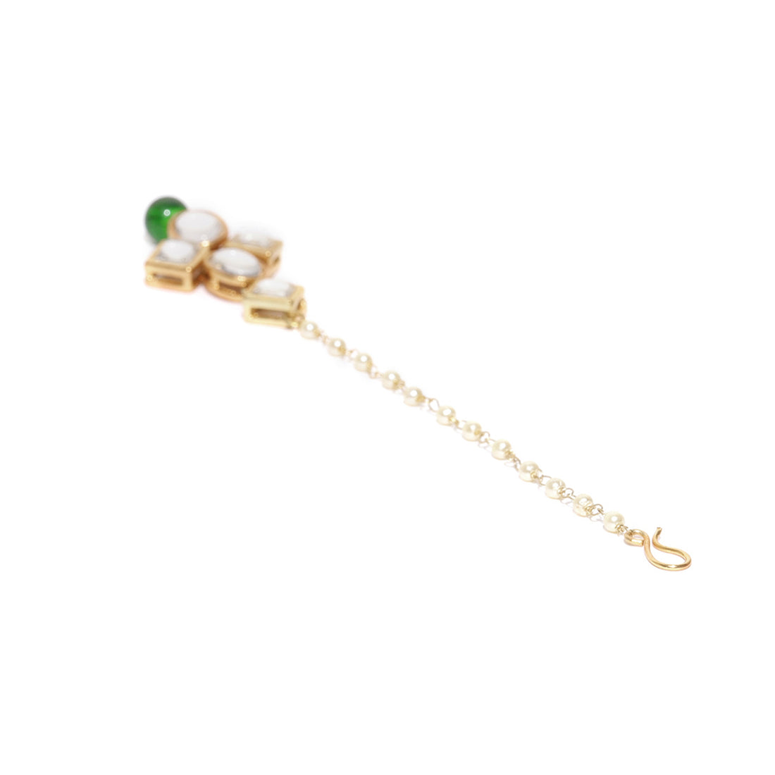 Traditional Gold Plated Green Beads Kundan Maangtikka for Women