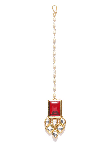 Traditional Gold Plated Red Stone Kundan Maangtikka for Women