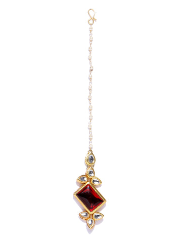 Traditional Gold Plated Red Stone Kundan Maangtikka for Women