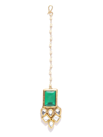 Traditional Gold Plated Green Stone Kundan Maangtikka for Women