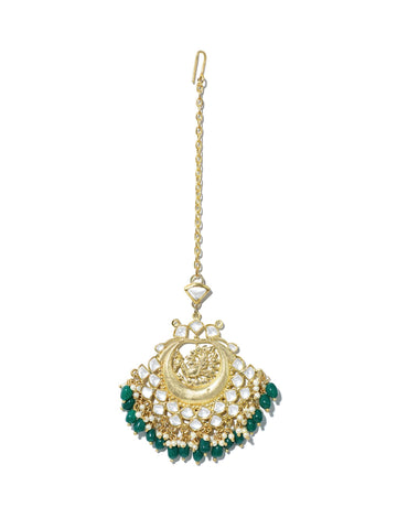 Gold Plated Peacock Design Green Beads Kundan Maangtikka