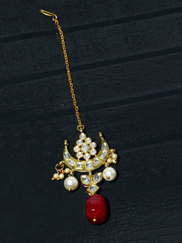 Gold Plated Red Bead Kundan Maangtikka