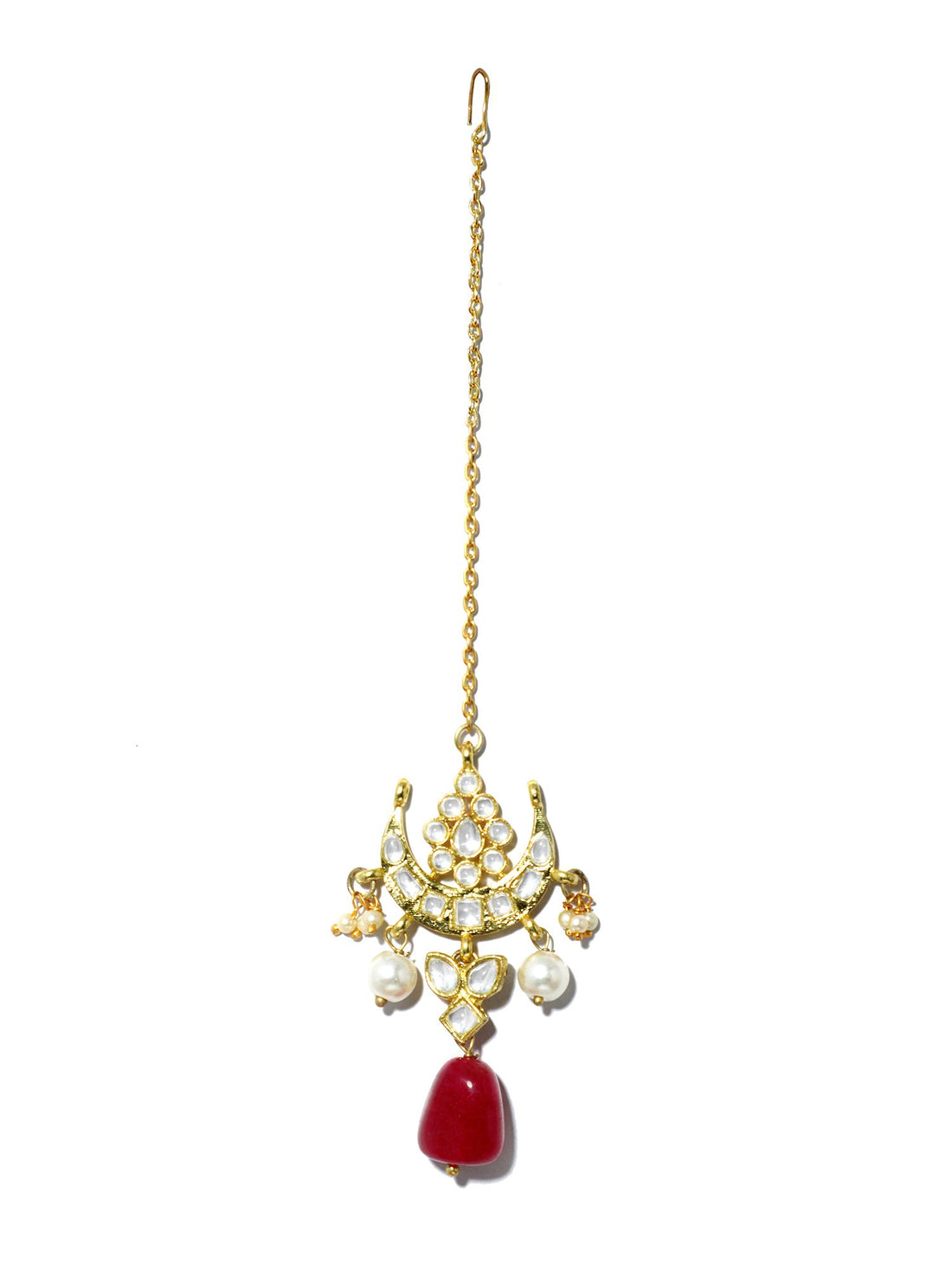 Gold Plated Red Bead Kundan Maangtikka