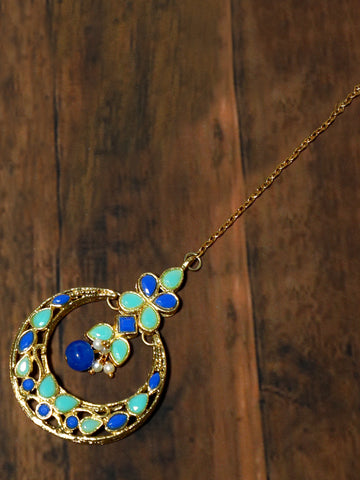 Gold Plated Blue and Mint Green Kundan Maangtikka