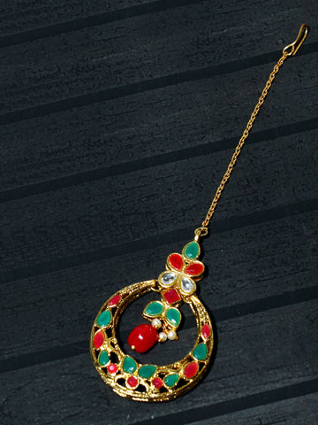 Gold Plated Red and Green Kundan Maangtikka