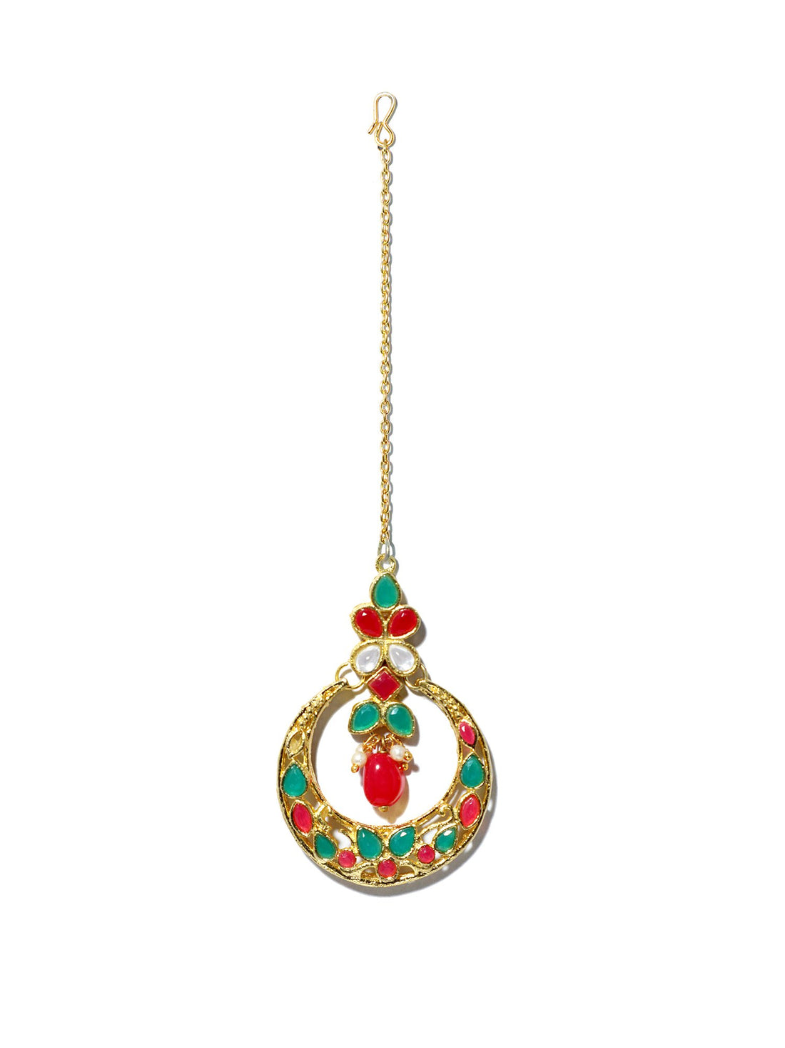 Gold Plated Red and Green Kundan Maangtikka