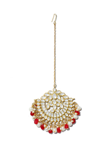 Gold Plated Red and Pearl Beads Kundan Maangtikka