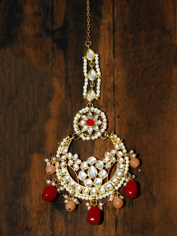 Gold Plated Red and Peach Beads Kundan Maangtikka