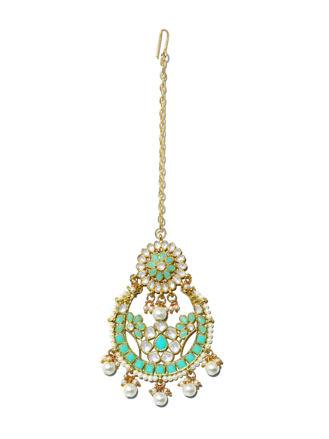 Gold Plated Pearl Beads Mint Green Kundan Maangtikka