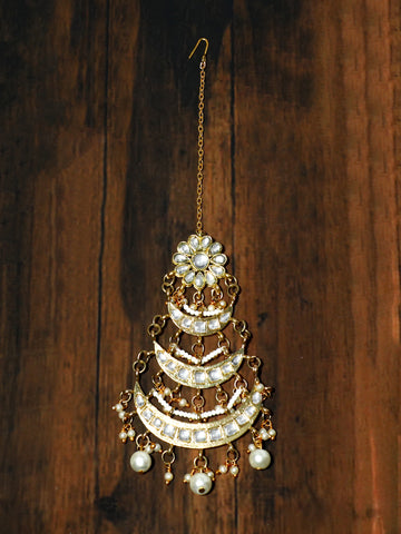 Gold Plated Pearl Beads Kundan Maangtikka