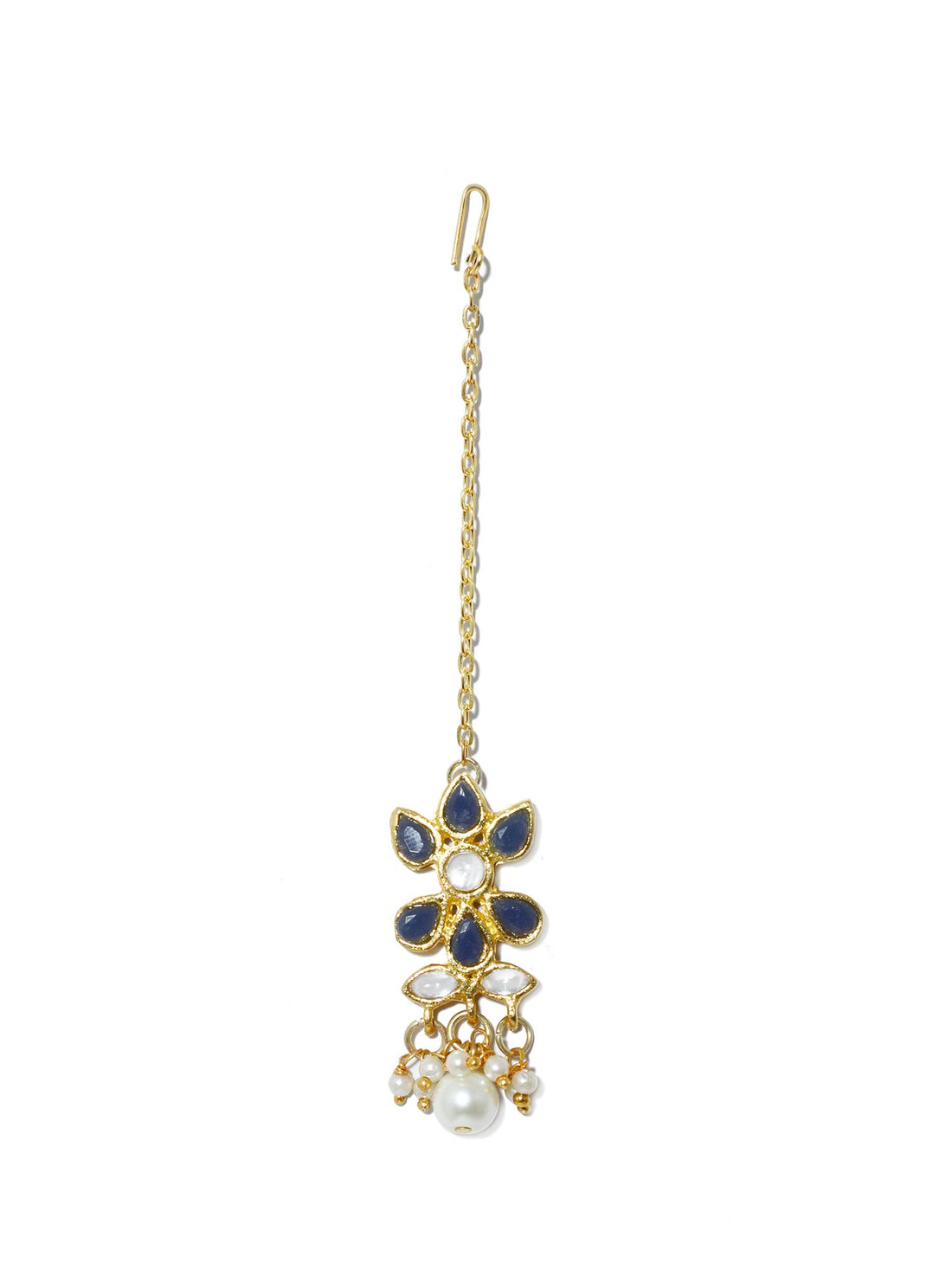 Gold Plated Pearl Bead Navy Blue Kundan Maangtikka