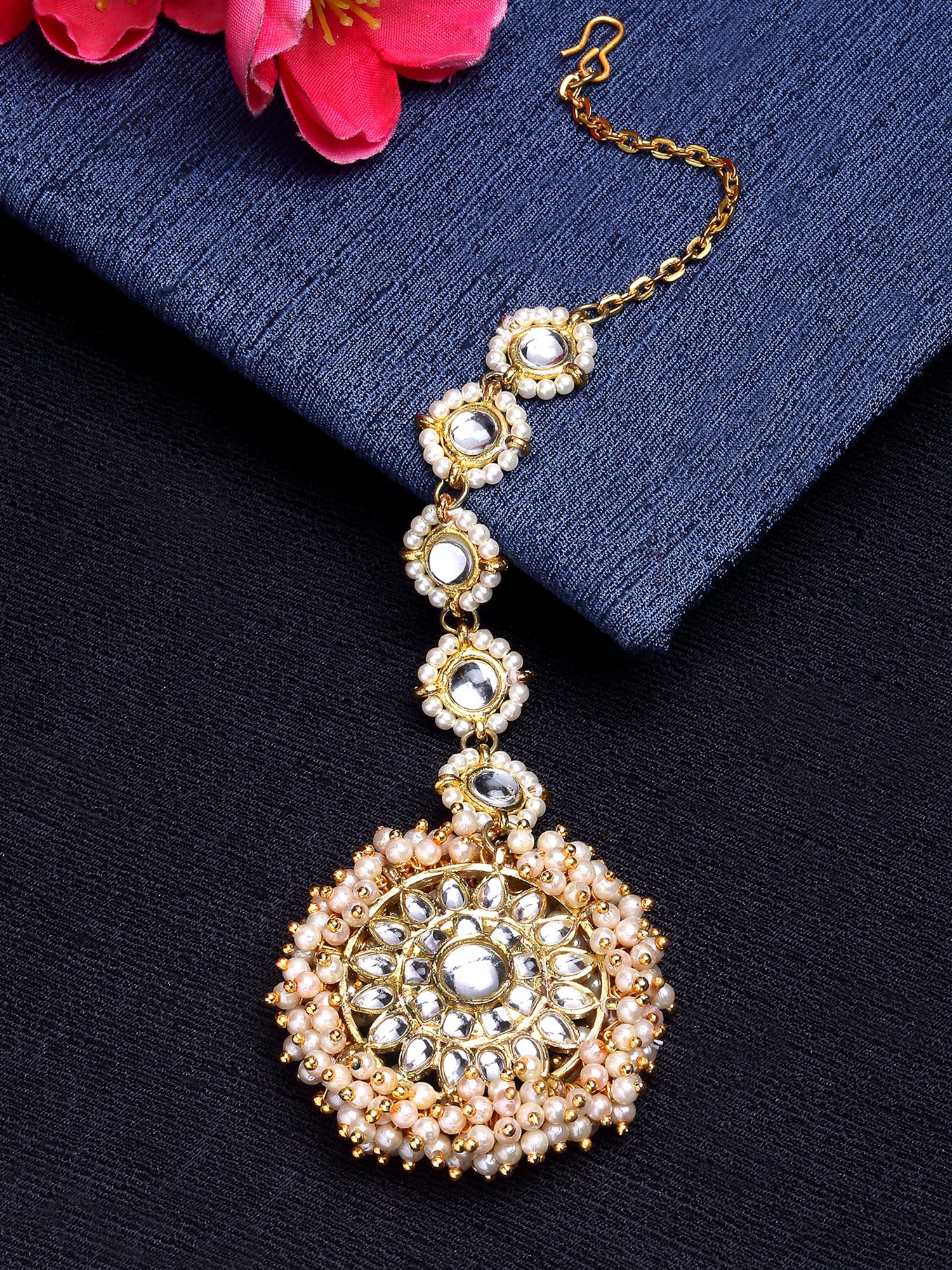 Gold Plated Floral Shaped Kundan Maangtikka