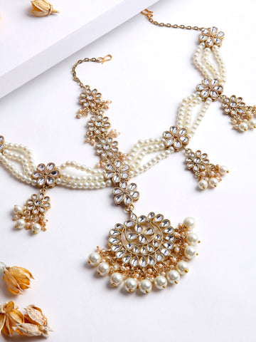 Gold Plated Kundan and Pearl Beaded Sheeshphool for Women