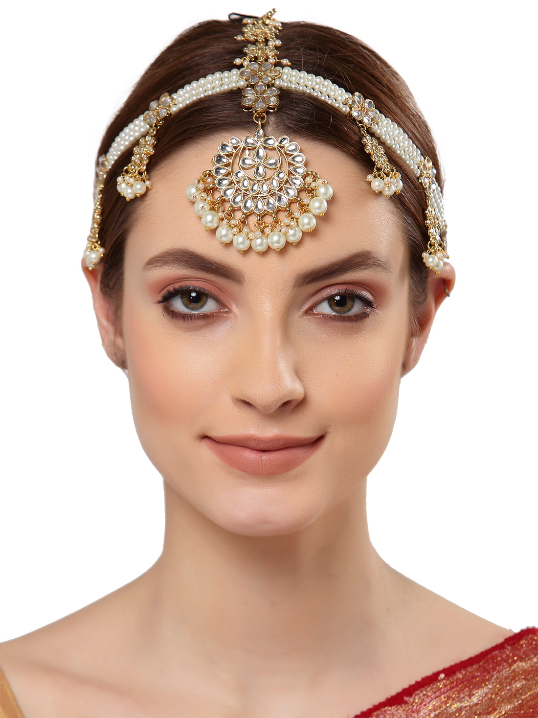 Gold Plated Kundan and Pearl Beaded Sheeshphool for Women