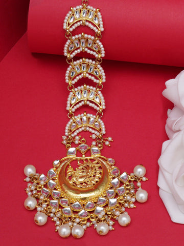 Gold Plated Handcrafted Peacock Shaped Kundan Maangtikka