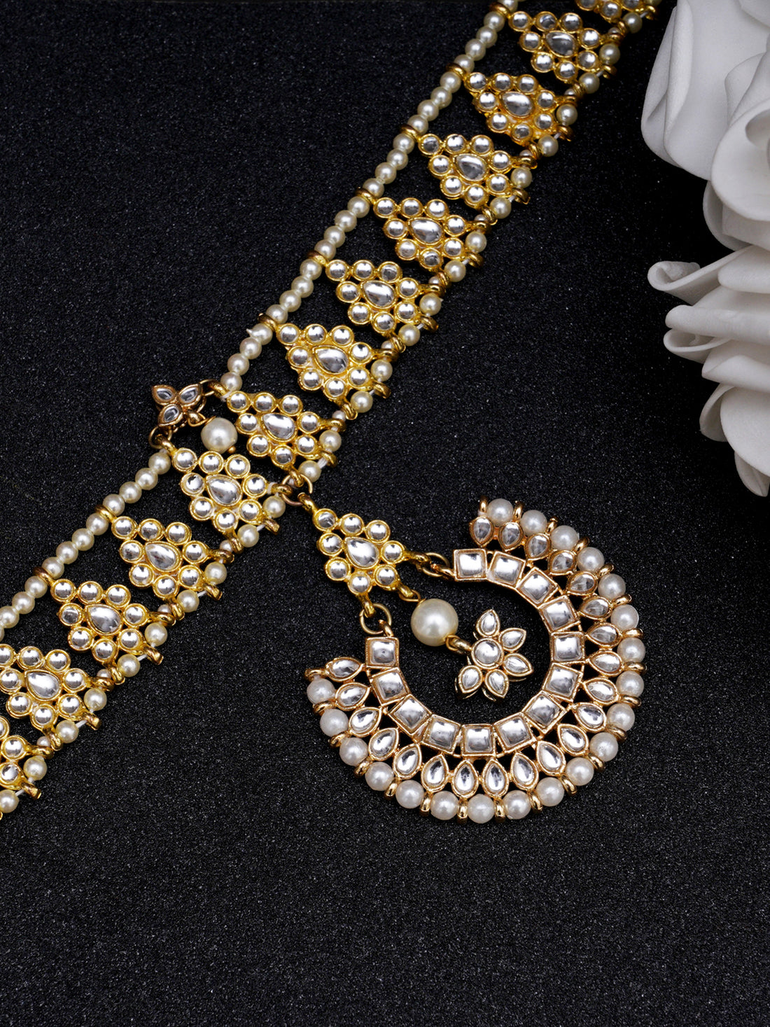 Gold Plated Pearl Studded Moon Shape Handcrafted Kundan Sheeshphool