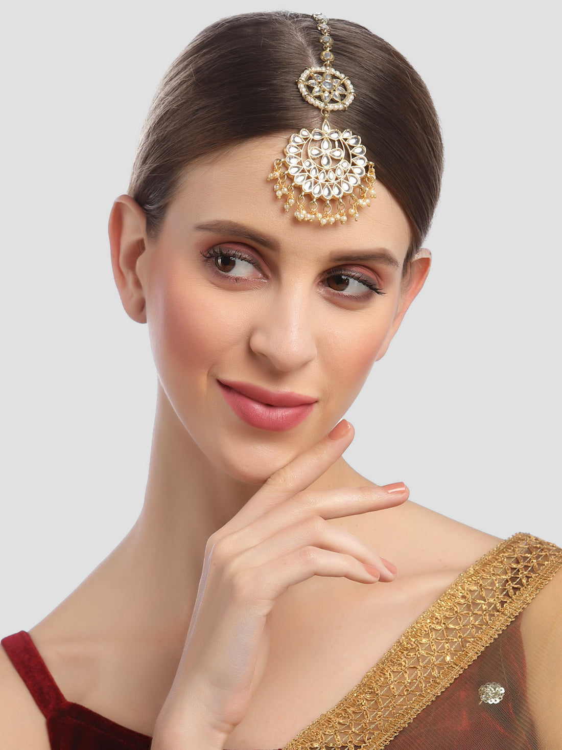 Karatcart Gold Plated Floral Handcrafted Kundan Maangtikka for Women