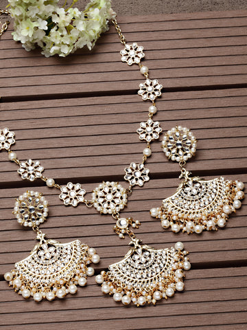 Karatcart Gold Plated Floral Kundan Sheeshphool with Chnadbali Earrings for Women