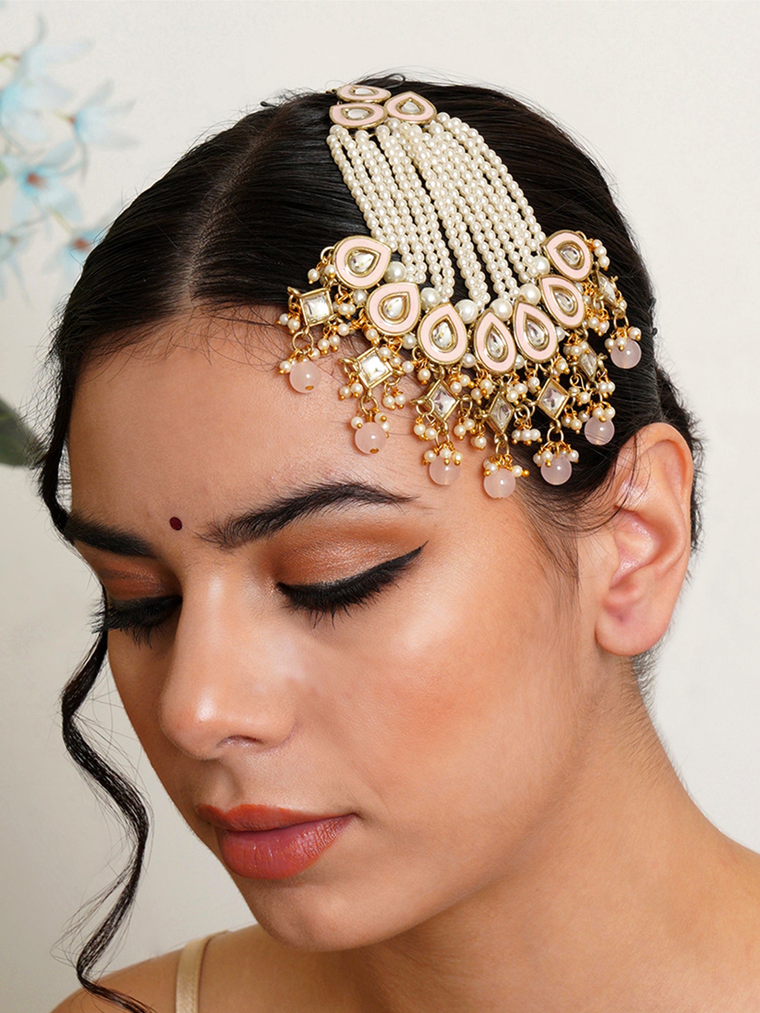 Karatcart Gold Plaated Pink Beads and Pearl Studded Kundan Passa for Women