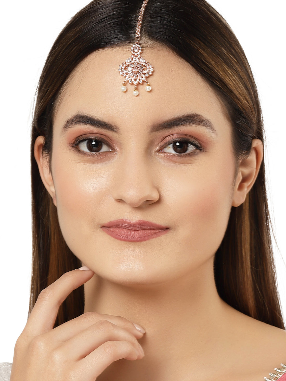 Karatcart Rose Gold-Plated Floral Cubic Zirconia Studded Maangtikka for Women