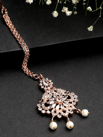 Karatcart Rose Gold-Plated Floral Cubic Zirconia Studded Maangtikka for Women