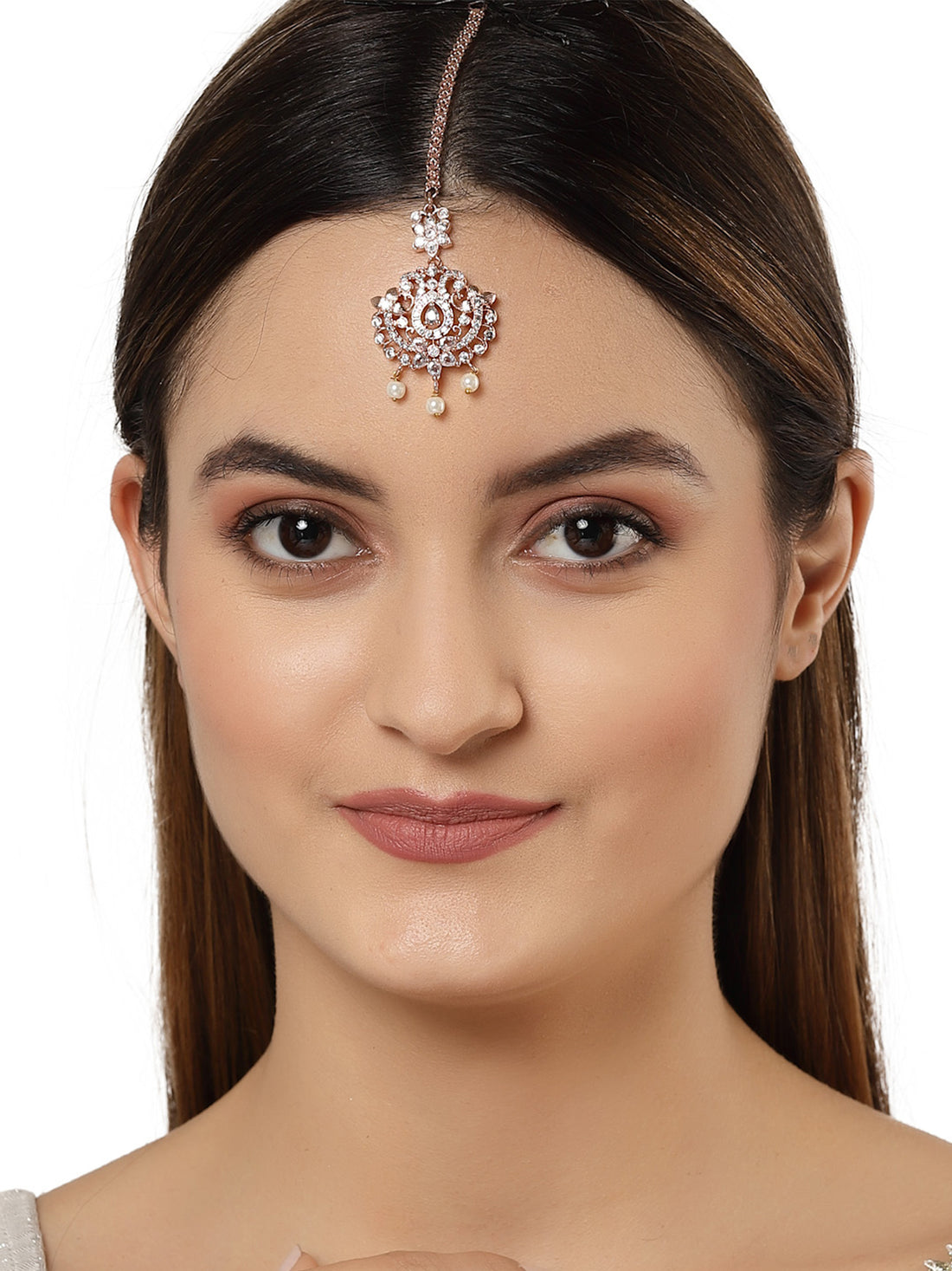 Karatcart Rose Gold-Plated Handcrafted Cubic Zirconia Studded Maangtikka for Women