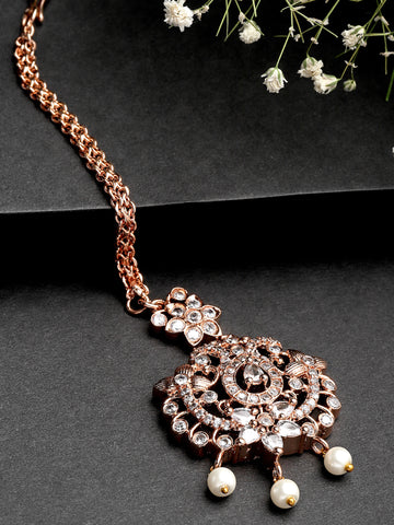 Karatcart Rose Gold-Plated Handcrafted Cubic Zirconia Studded Maangtikka for Women