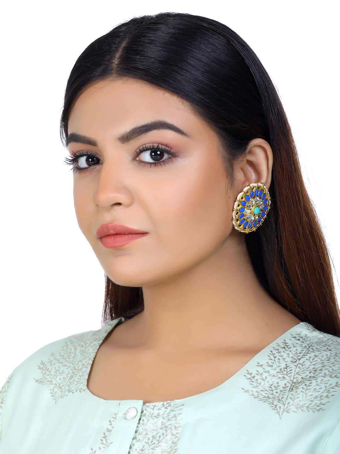 Kundan Blue Stud Earrings