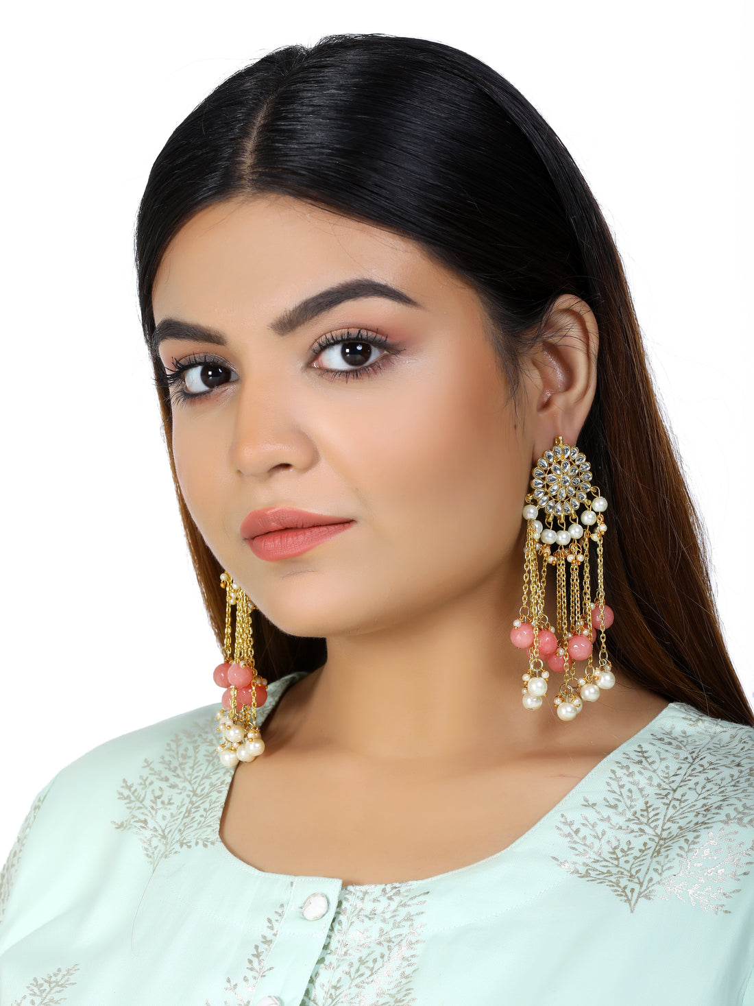 Peach and Pearl Tassel Kundan Earrings