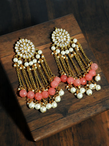 Peach and Pearl Tassel Kundan Earrings