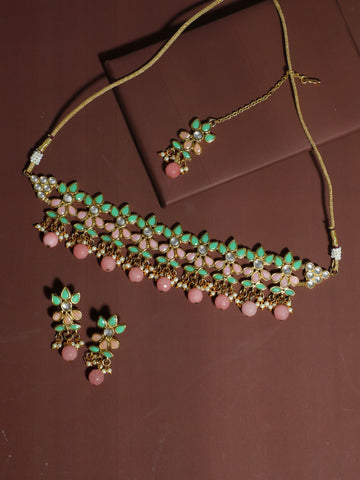 Pastel Green and Pink Kundan Choker Necklace Set