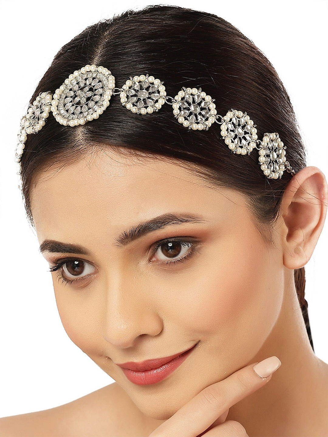 Women Silver-Toned & White Embellished Oxidised Silver White Kundan Hairband