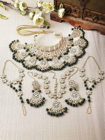 Gold-Plated Green & White Kundan Stone-Studded & Beaded Bridal Jewellery Set