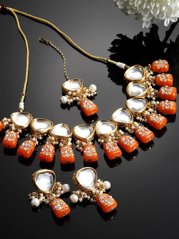 Gold-Plated Orange & White Polki Kundan-Studded & Pearl Beaded Handcrafted Jewellery Set