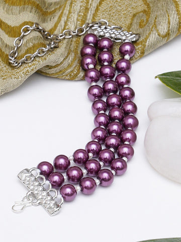 Women Purple & Silver-Toned Beaded Kundan Multistrand Bracelet