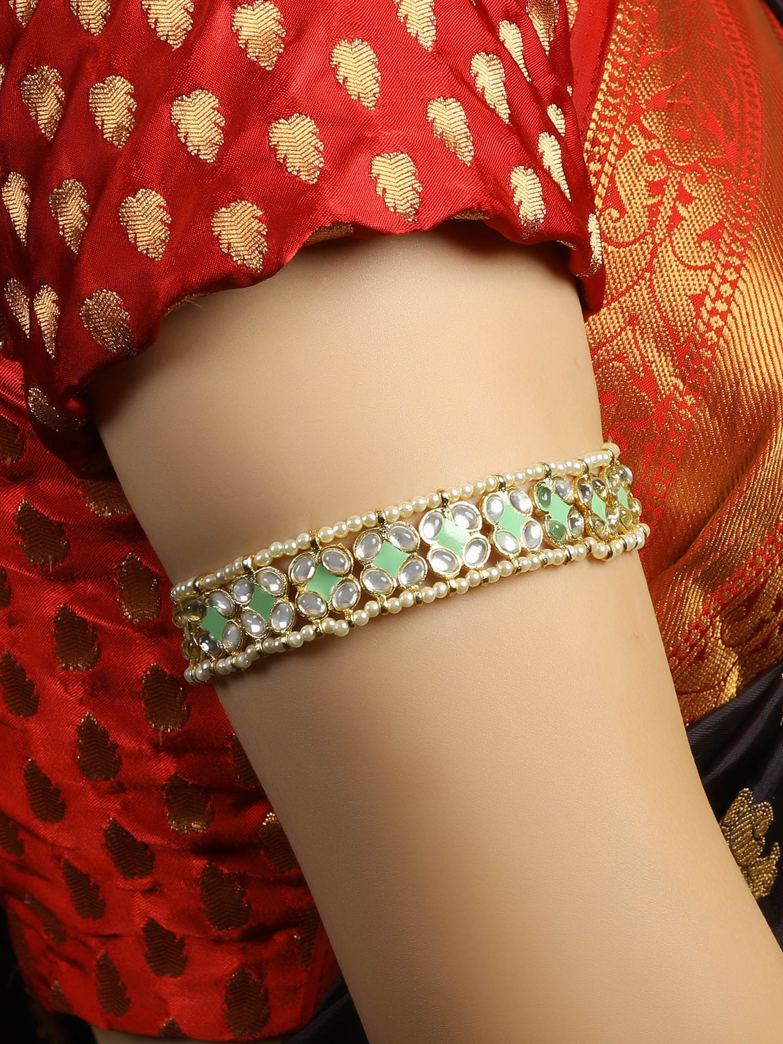 Traditional Gold Plated Lime Green Meena Kundan Bajubandh