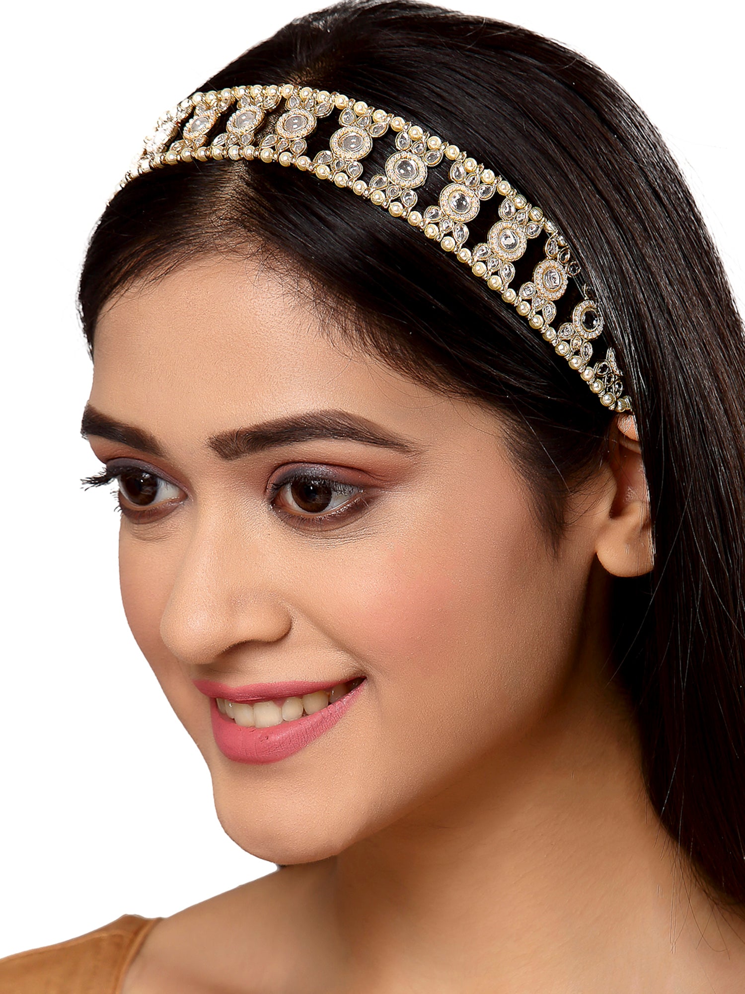 Gold Plated Handcrafted Kundan and Pearl Ball Studded Hairband