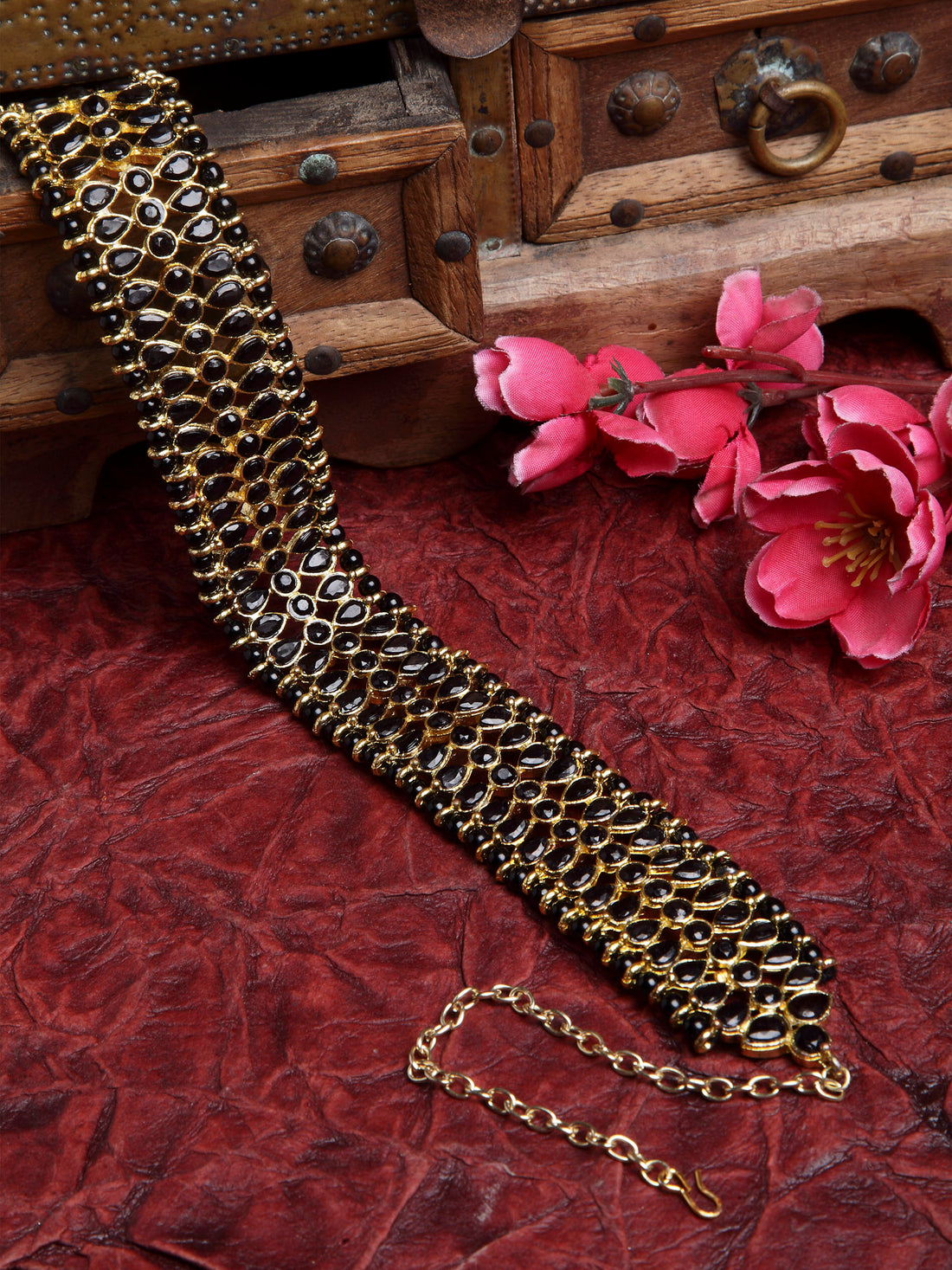 Gold Plated Black Kundan Hairband